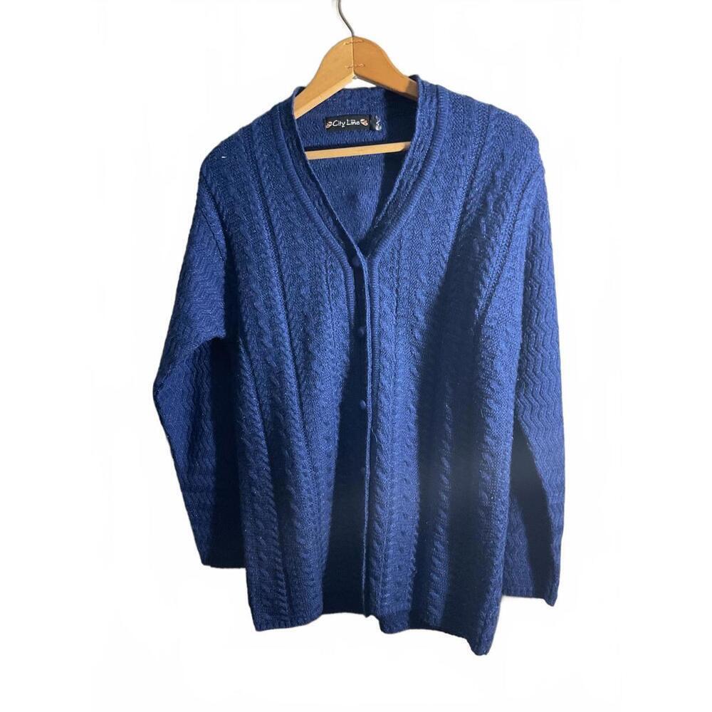 Vintage City Line Blue Cable Knit Wool Cardigan Sweater Large